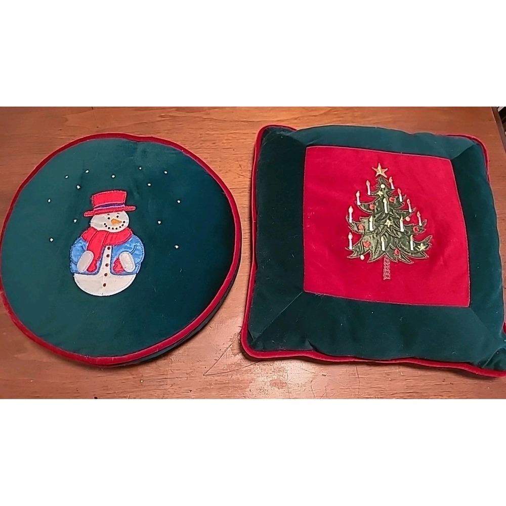 Christmas Velvet Throw Pillows‎ 2 Snowman Christmas Tree Red Green Holiday